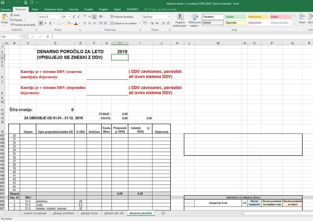 Obrazci za vodenje mesečnih poročil FADN za leto 2019