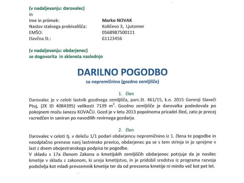 Vzorec darilne pogodbe (opomba: podatki niso pravi)